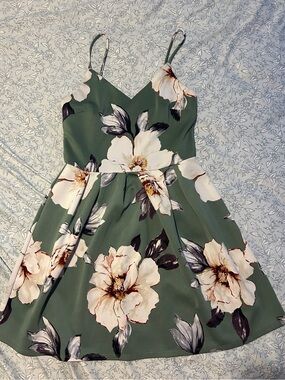 Monteau Olive Green Top with Subtle Floral Trim